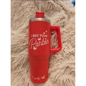 NEW Red Dolly Parton I BEG YOUR PARTON stainless handle cup With Straw DG